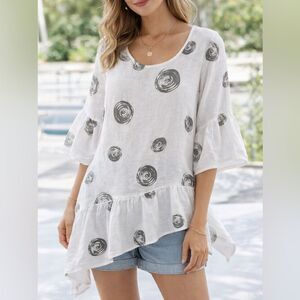 Camille & Co White Linen Asymmetrical Tunic Top Abstract Print M